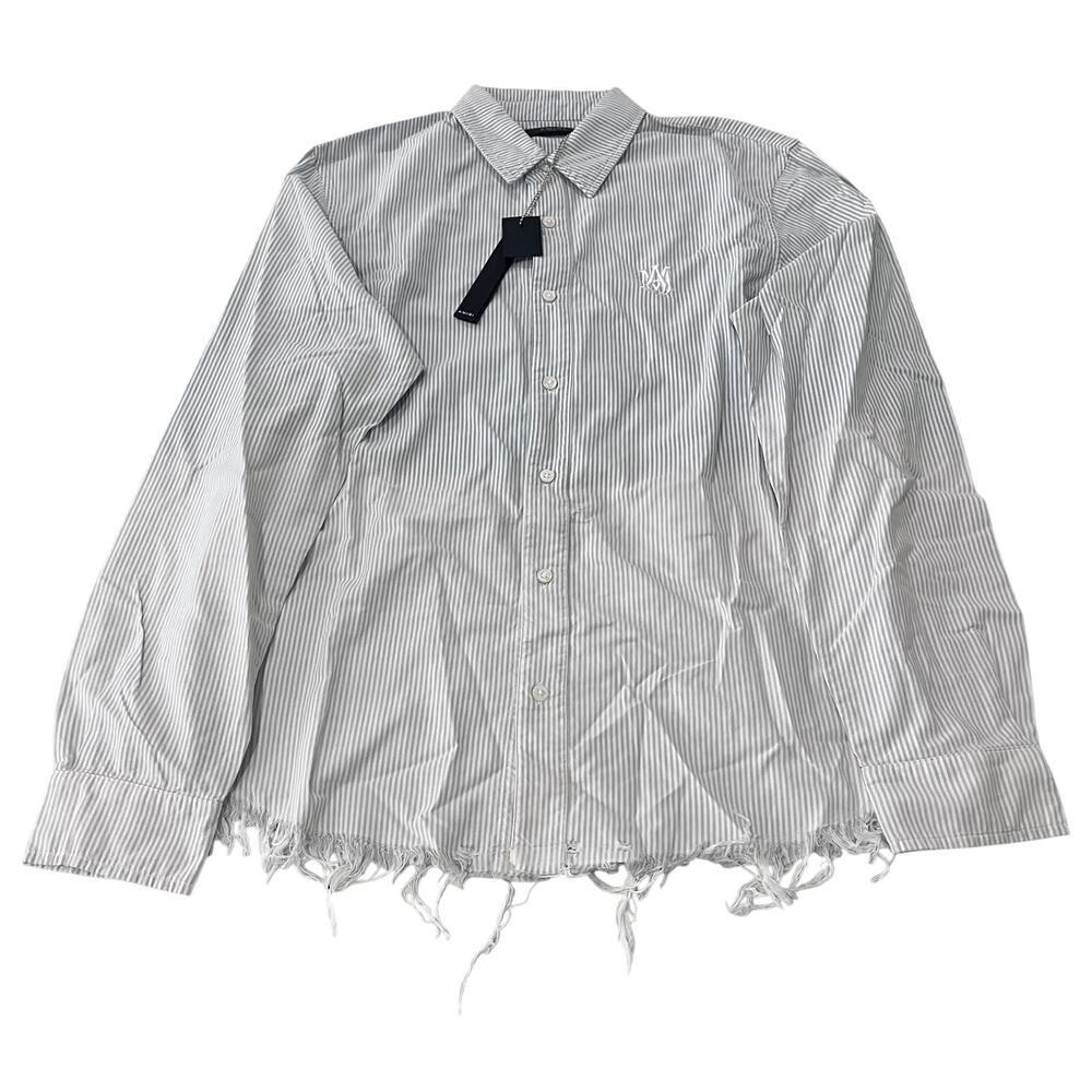 AMIRI Bleach Oxford Shirt Blue White Striped Fringed Hem Large NWT $890